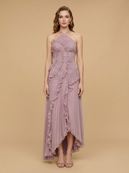 Kokodress Lavender Halter Pleated Ruffle Maxi Dress for Wedding Guest & Formal