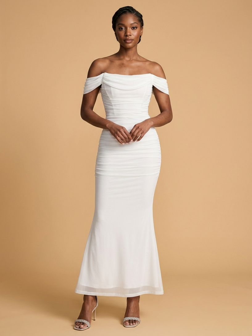 Kokodress Teal Off-Shoulder Ruched Mermaid Maxi Dress for Wedding Guest