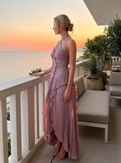 Kokodress Lavender Halter Pleated Ruffle Maxi Dress for Wedding Guest & Formal