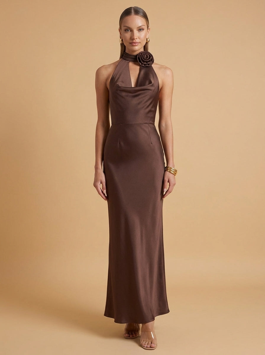 Kokodress Satin Halter Neck Maxi Dress with 3D Flower for Party