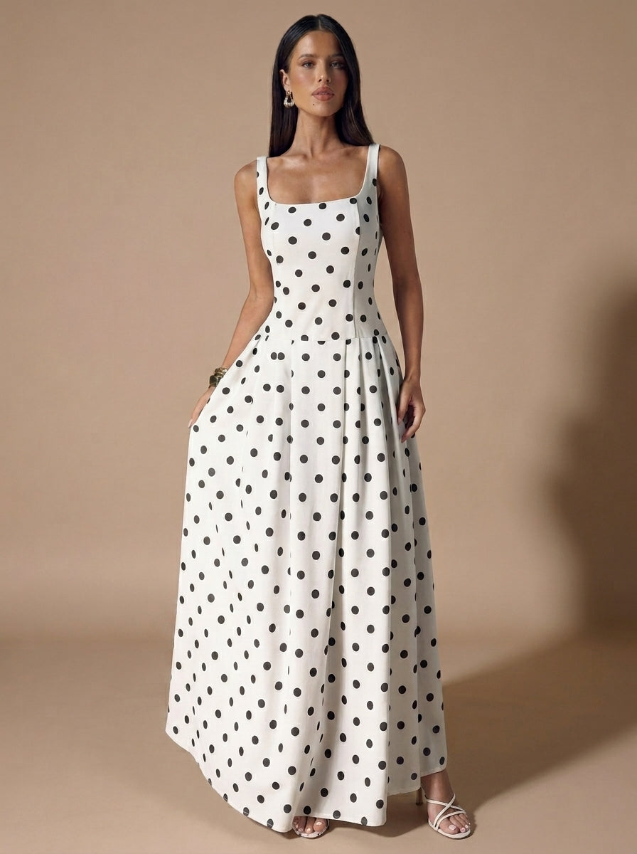 Kokodress White Polka Dot Square Neck Sleeveless Maxi Dress for Wedding Guest