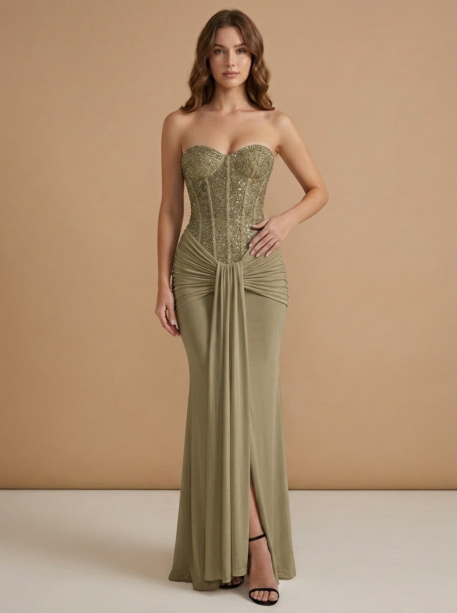 Kokodress Beaded Corset Sweetheart Maxi Dress with Slit for Formal