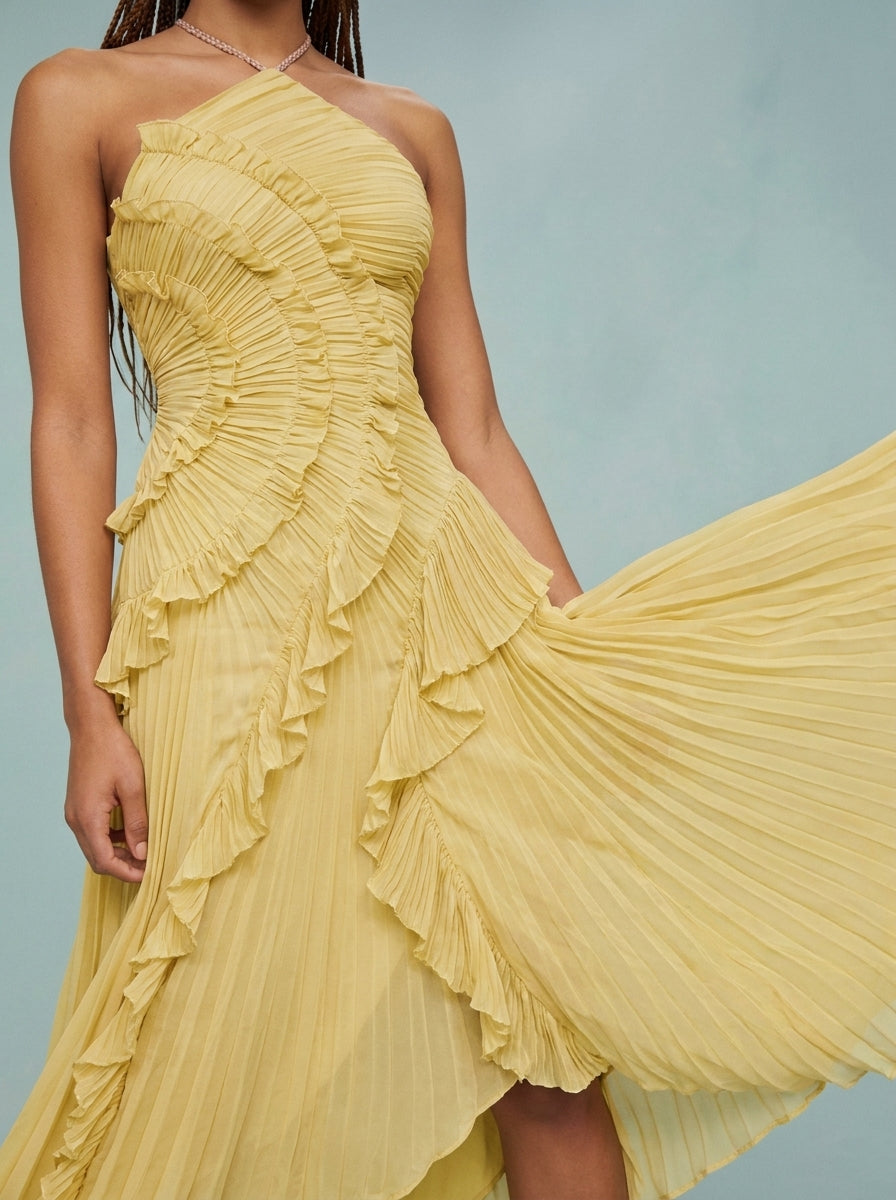 Kokodress Lavender Halter Pleated Ruffle Maxi Dress for Wedding Guest & Formal