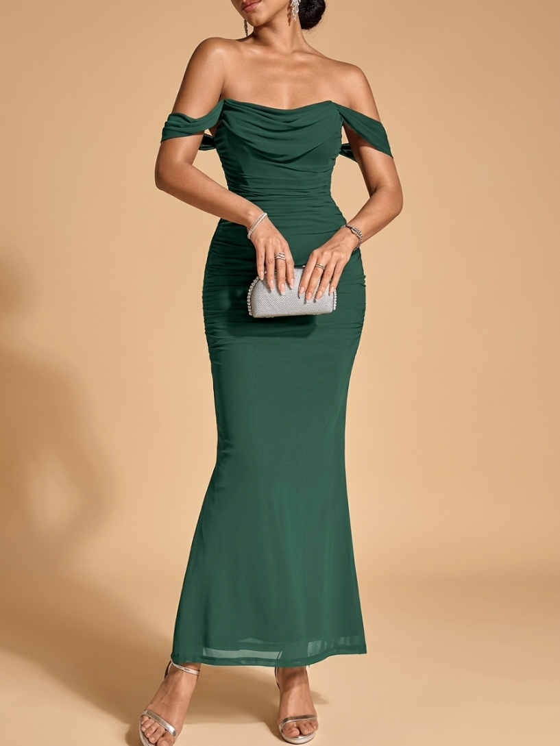 Kokodress Teal Off-Shoulder Ruched Mermaid Maxi Dress for Wedding Guest