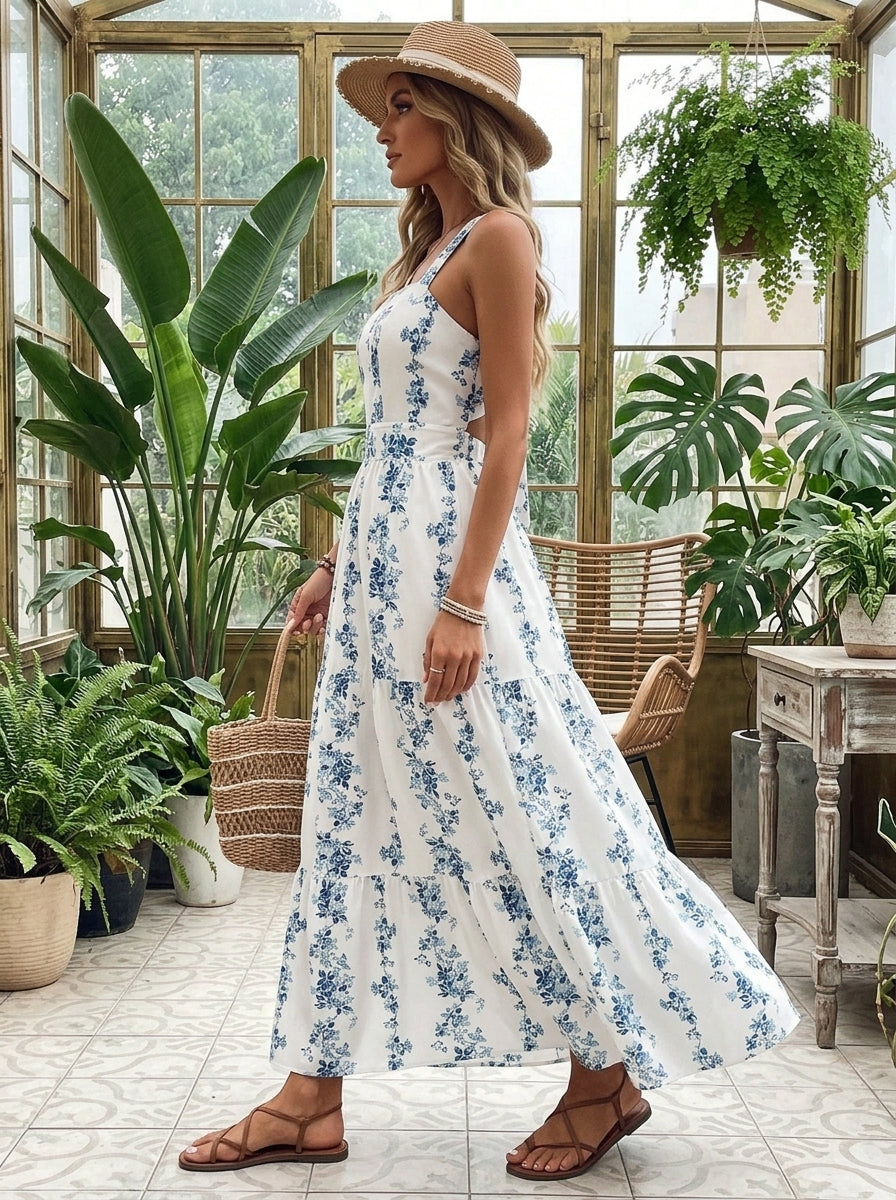 Kokodress Blue Floral Square Neck Tiered Maxi Dress for Summer Vacation