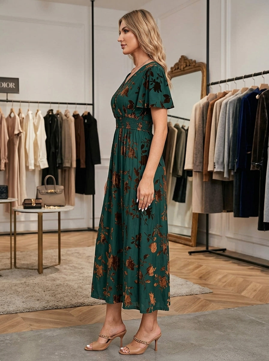 Kokodress Emerald Green V-Neck Smocked Floral Foil Maxi Dress for Wedding Guest