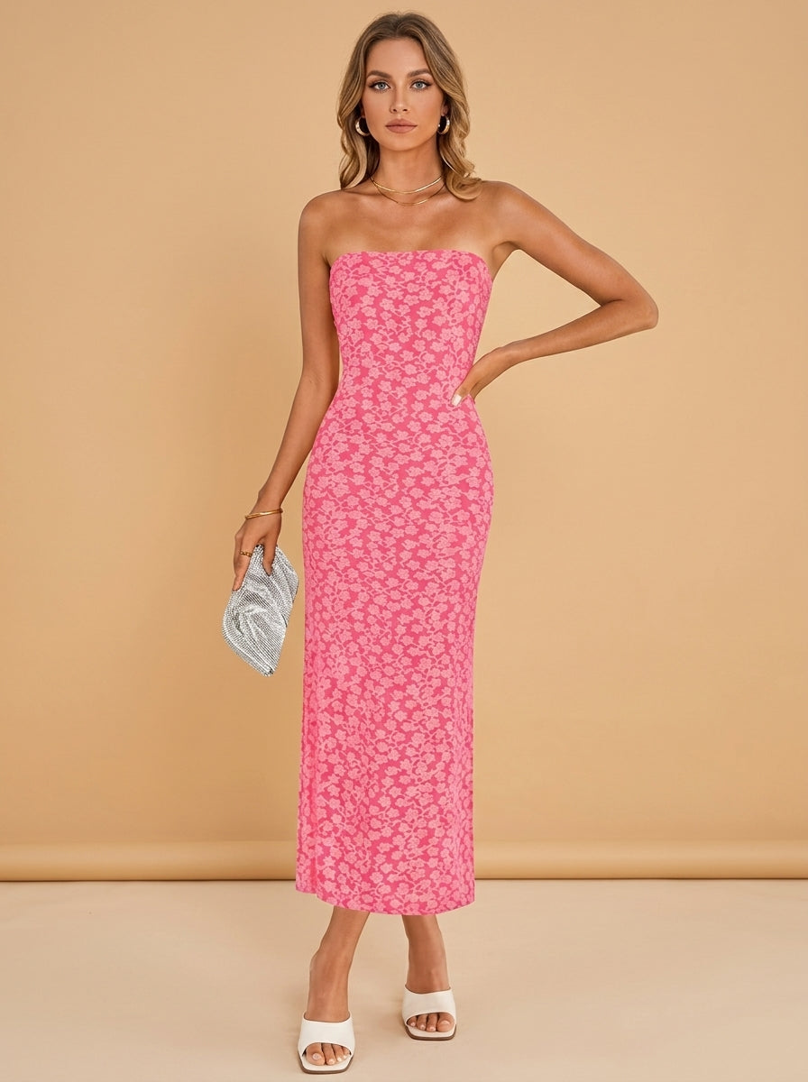 Kokodress Strapless Floral Lace Bodycon Midi Dress for Wedding Guest