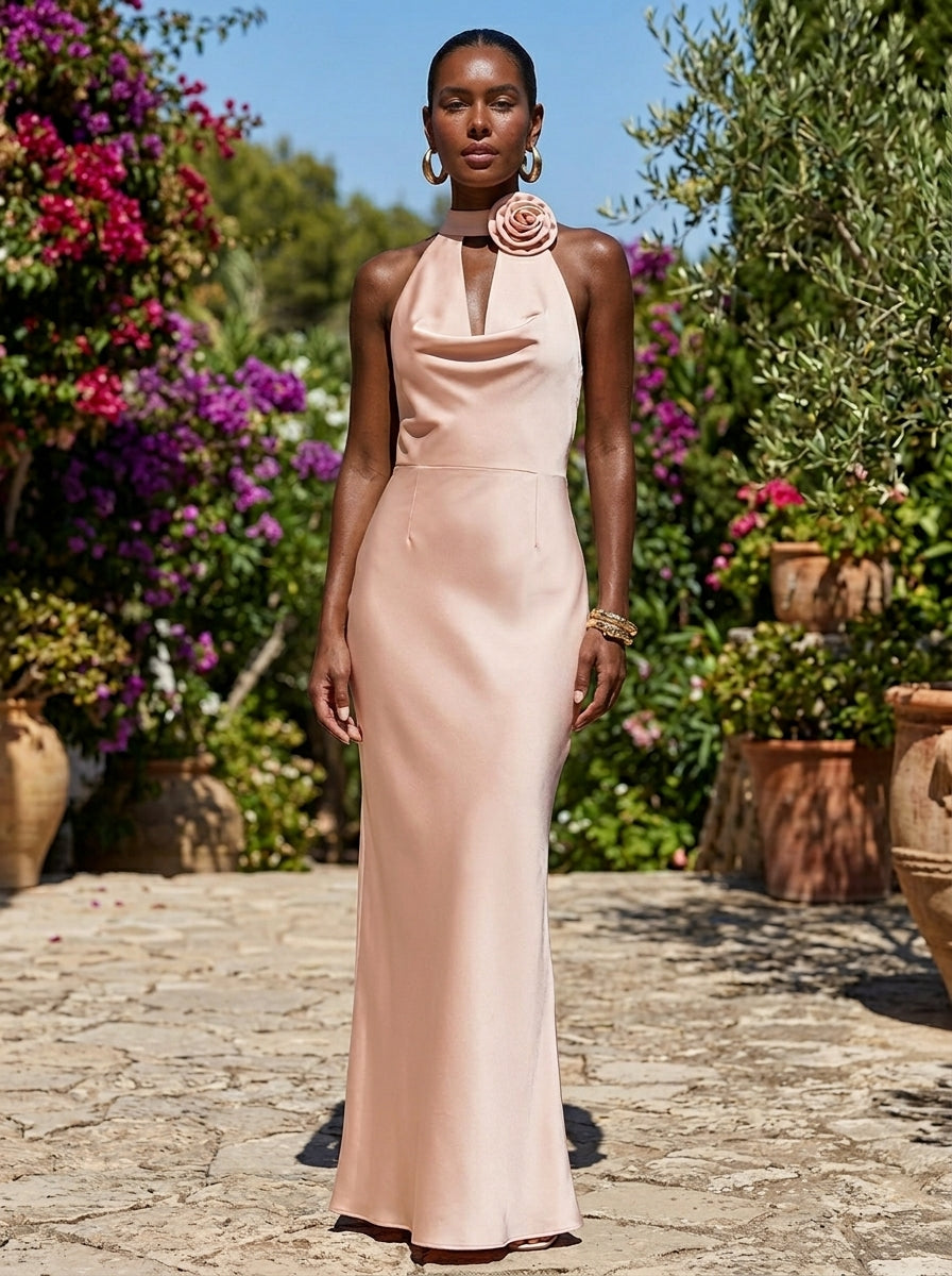 Kokodress Satin Halter Neck Maxi Dress with 3D Flower for Party