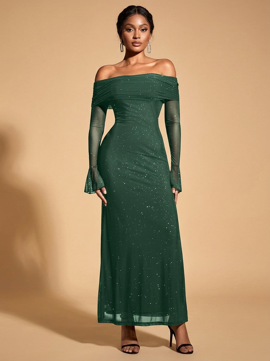 Kokodress Off-Shoulder Sparkly Flare Sleeve Maxi Dress for Evening