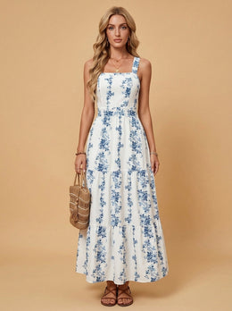 KoKodress Blue Floral Square Neck Tiered Maxi Dress for Vacation
