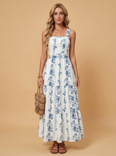 Kokodress Blue Floral Square Neck Tiered Maxi Dress for Summer Vacation