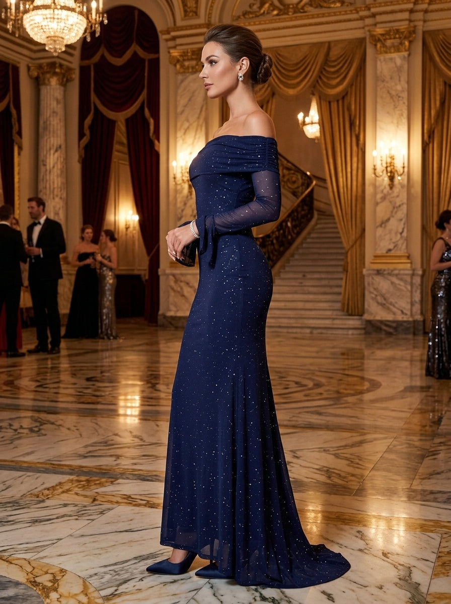 Kokodress Off-Shoulder Sparkly Flare Sleeve Maxi Dress for Evening