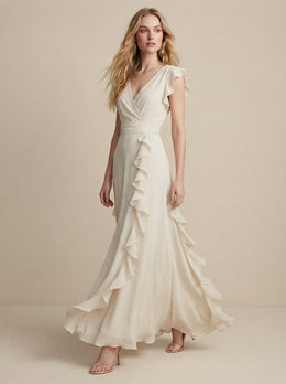 KoKodress V-Neck Cascading Ruffle Maxi Dress for Wedding Guest