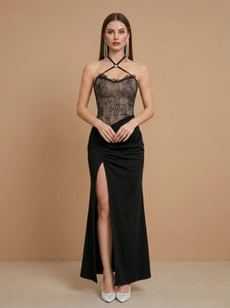 KoKodress Lace Corset Halter Maxi Dress with Slit for Formal Events