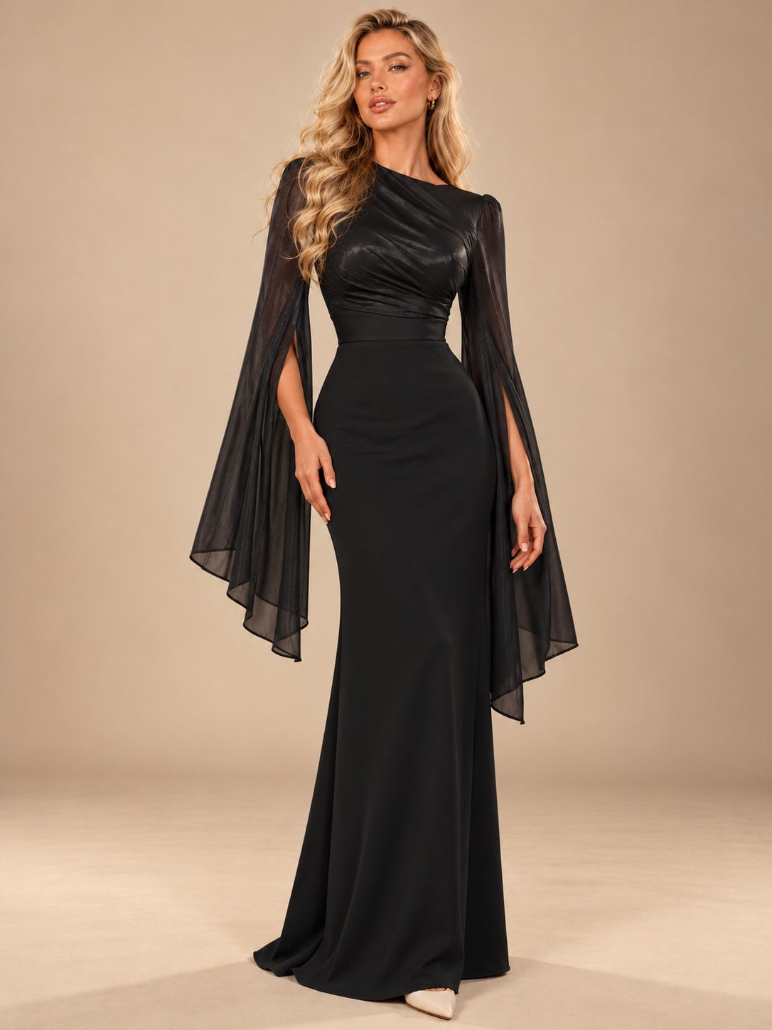 Black Satin Cape Sleeve Maxi Dress for Weddings & Gala
