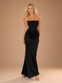 KoKodress Satin Strapless Corset Draped Maxi Dress for Wedding Guest