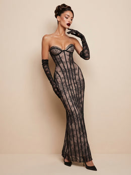 KoKodress Lace Corset Maxi Dress with Gloves for Evening Gala
