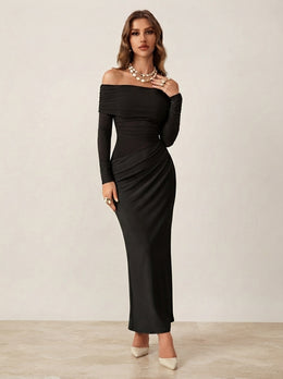 KoKodress Off-Shoulder Ruched Long-Sleeve Maxi Dress for Formal Events