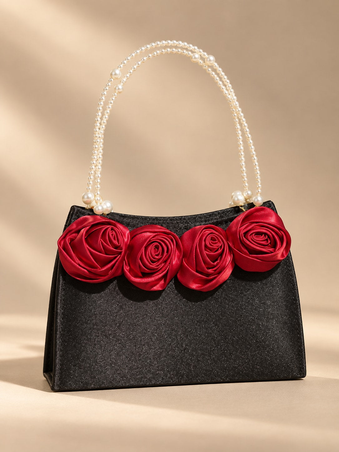 Black Elegant Pearl Handle Satin Rose Evening Clutch