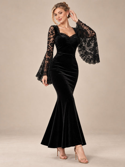 Black Velvet Lace Sleeve Mermaid Dress for Formal Evening