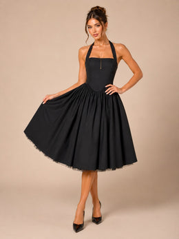 KoKodress Halter Corset Pleated Midi Dress with Tulle Hem for Formal Events