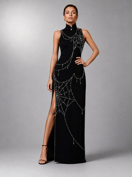 KoKodress Black Spiderweb Crystal-Beaded Qipao Evening Gown