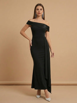 KoKodress Black One-Shoulder Draped Maxi Dress for Wedding Guest