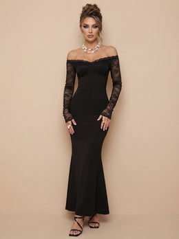 KoKodress Black Off-Shoulder Lace Long-Sleeve Maxi Dress for Evening Gala
