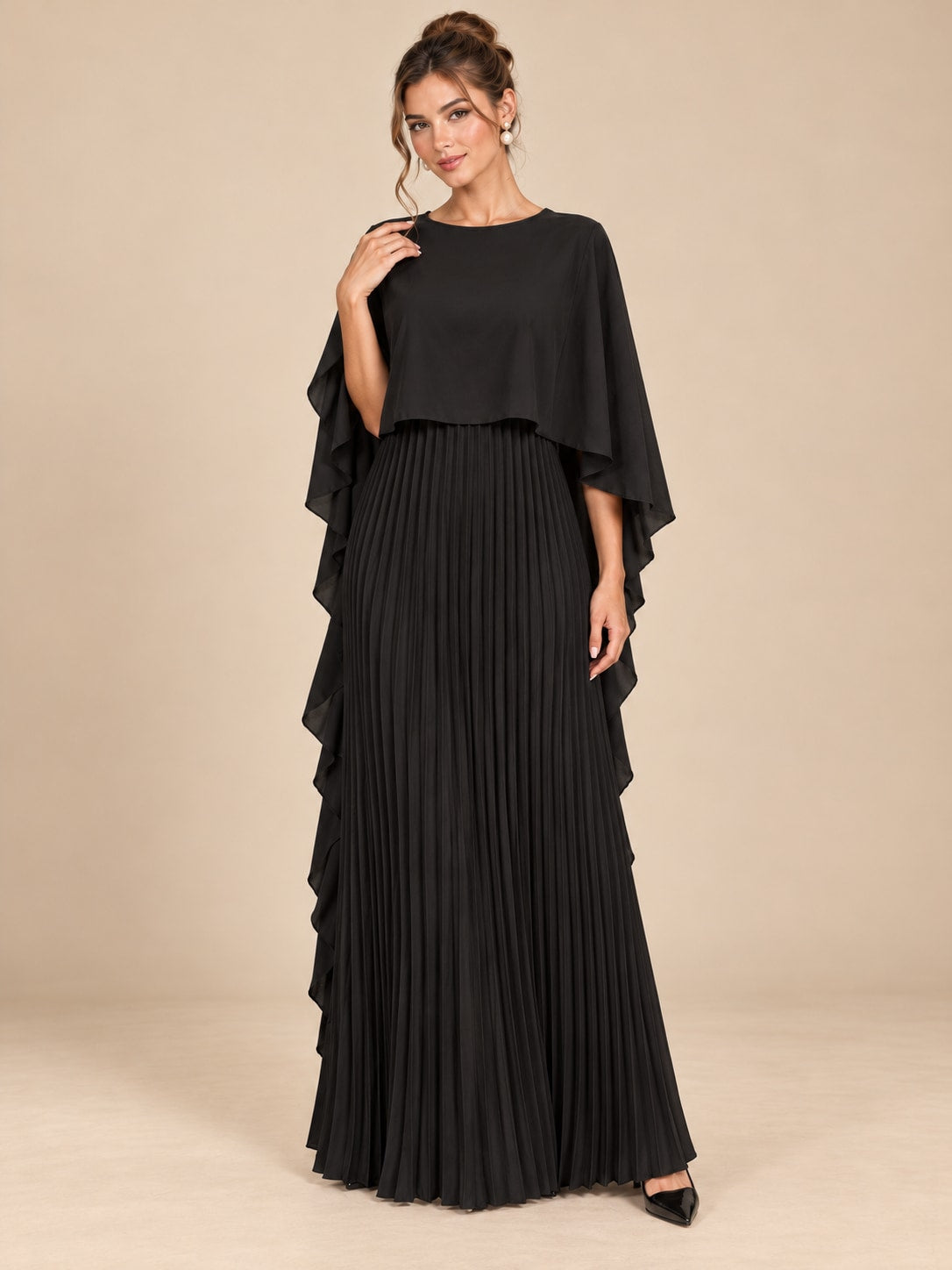 Black Pleated Cape Sleeve Maxi Dress for Weddings & Gala