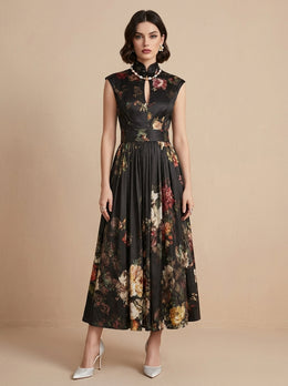 KoKodress Black Floral Pearl Collar Keyhole Pleated Midi Dress for Wedding