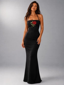 KoKodress Black Rose Embroidered Halter Qipao Evening Maxi Gown