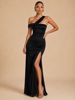 KoKodress Black Asymmetric Off-Shoulder Slit Maxi Gown for Formal