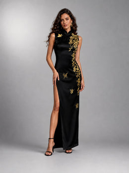 KoKodress Formal Black Gold Floral Embroidered Qipao Slit Maxi Dress