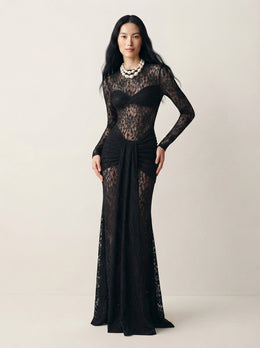 KoKodress Black Sheer Lace Long-Sleeve Draped Maxi Dress for Evening Gala