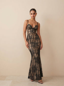 KoKodress Black Lace Corset Sheer Mermaid Maxi Dress for Formal Events