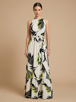 KoKodress Halter Abstract Leaf Print Belted Tiered Maxi Dress for Vacation