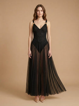 KoKodress Ivory Pleated Tulle Maxi Dress for Formal