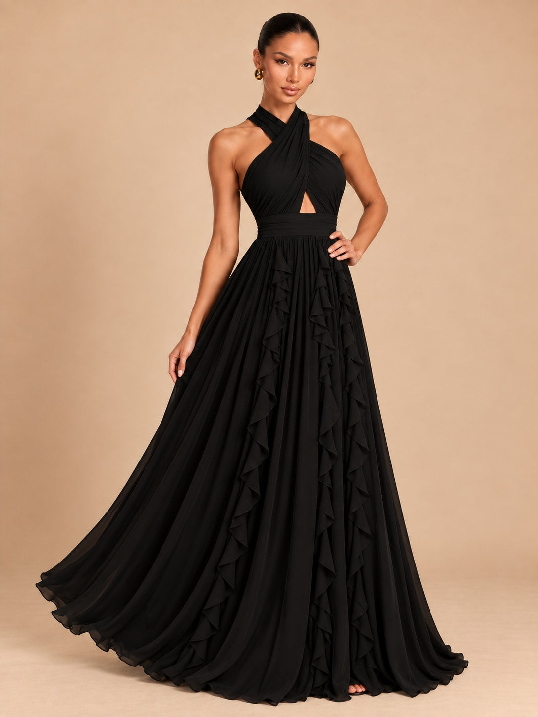 Black Halter Ruffle Maxi Dress for Wedding & Formal