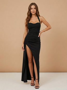 KoKodress Halter Ruched Maxi Dress for Prom