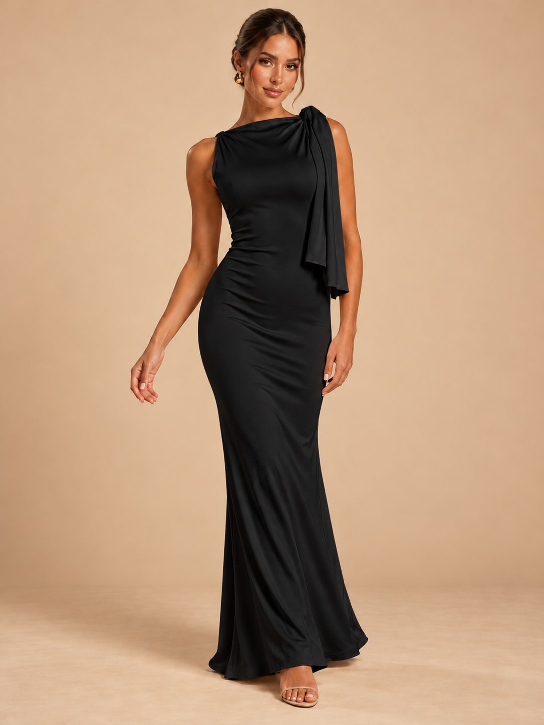 Black One-Shoulder Draped Maxi Dress for Formal Events