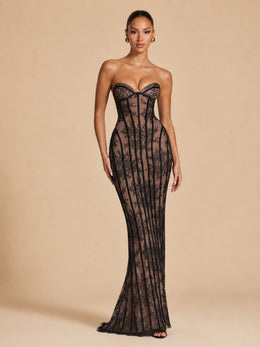 KoKodress Lace Corset Maxi Dress with Gloves for Evening Gala