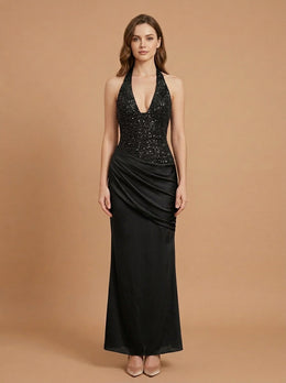 KoKodress Beaded Halter Deep V Draped Maxi Dress for Formal