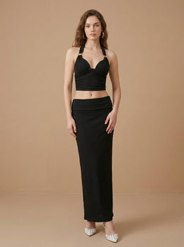 KoKodress Halter Gold Ring Ruched Top & Maxi Skirt Set for Vacation