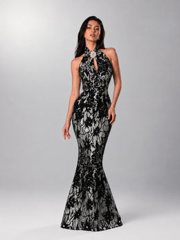 KoKodress Black Silver Floral Halter Qipao Maxi Gown for Formal Evening