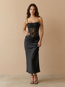 KoKodress Strap Lace Corset Draped Midi Dress for Wedding