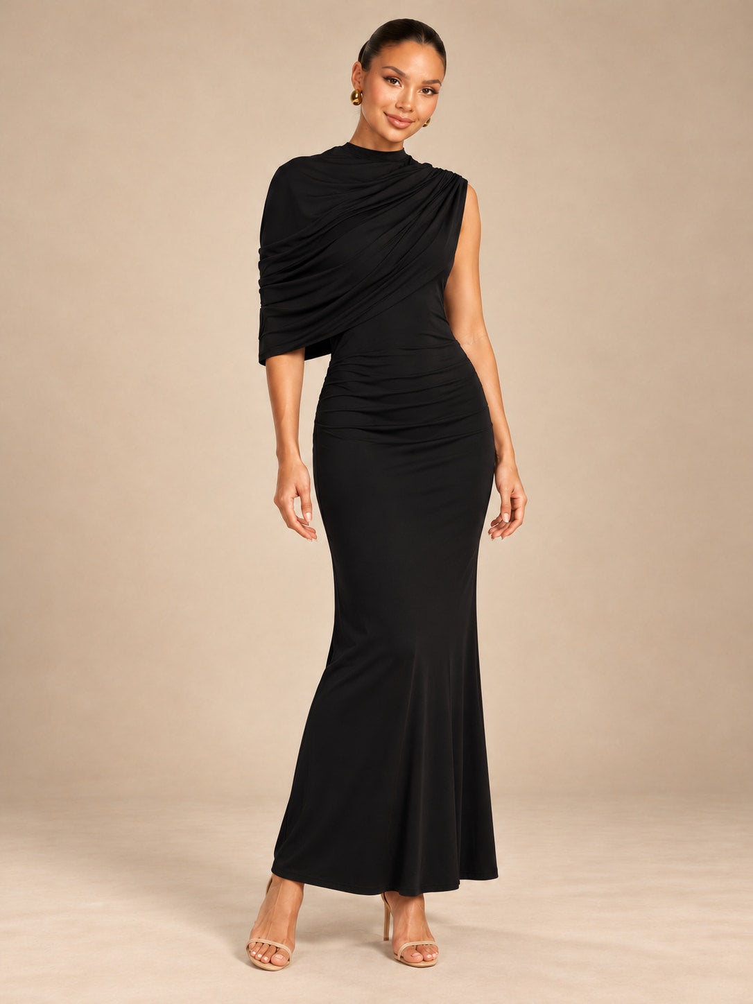 Black One-Shoulder Ruched Maxi Dress for Evening & Party