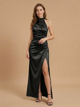 KoKodress Satin High Neck Ruched Maxi Dress for Formal