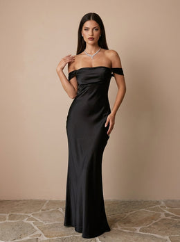 KoKodress Satin Off-Shoulder Maxi Dress for Wedding Guest