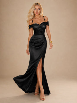KoKodress Satin Off-Shoulder Ruched Maxi Dress for Formal