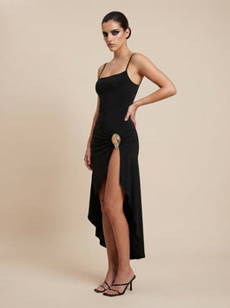 KoKodress Spaghetti Strap Ruched Slit Dress with Gold Hardware for Evening